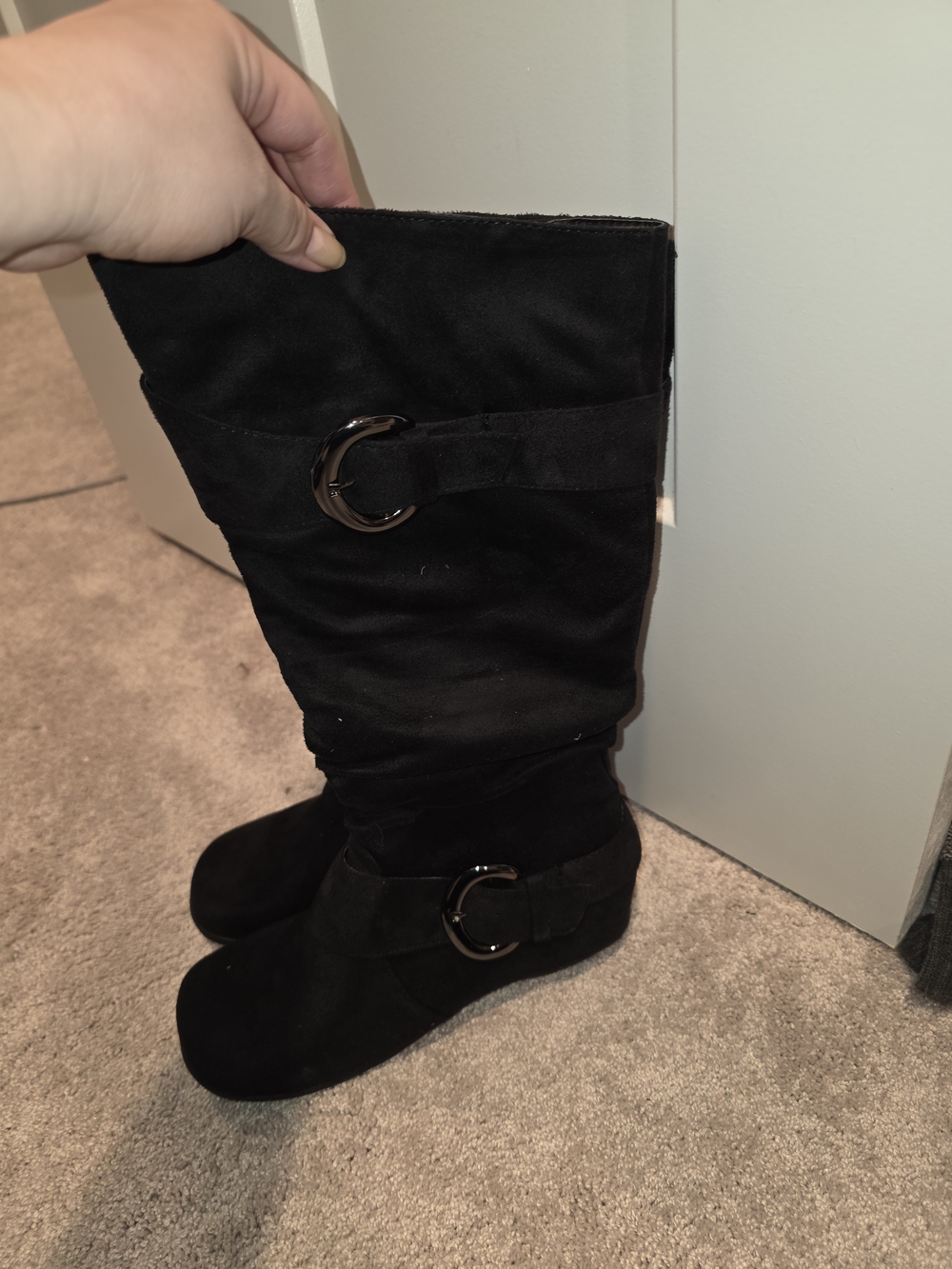 Journee Collection Black Over-the-Knee Suede Boots with Buckle Detail